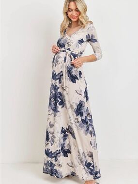 Hello MIZ Cream Maxi Maternity Dress with Navy Floral Print